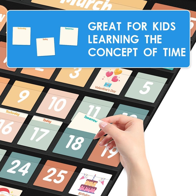 Jenlan Large Calendar Pocket Chart, Calendar Learning Classroom Calendar Pocket Chart with 115 Cards for Classroom Calendar and Weather Pocket Chart for Home Kindergarten Learning(Black) - Image 4